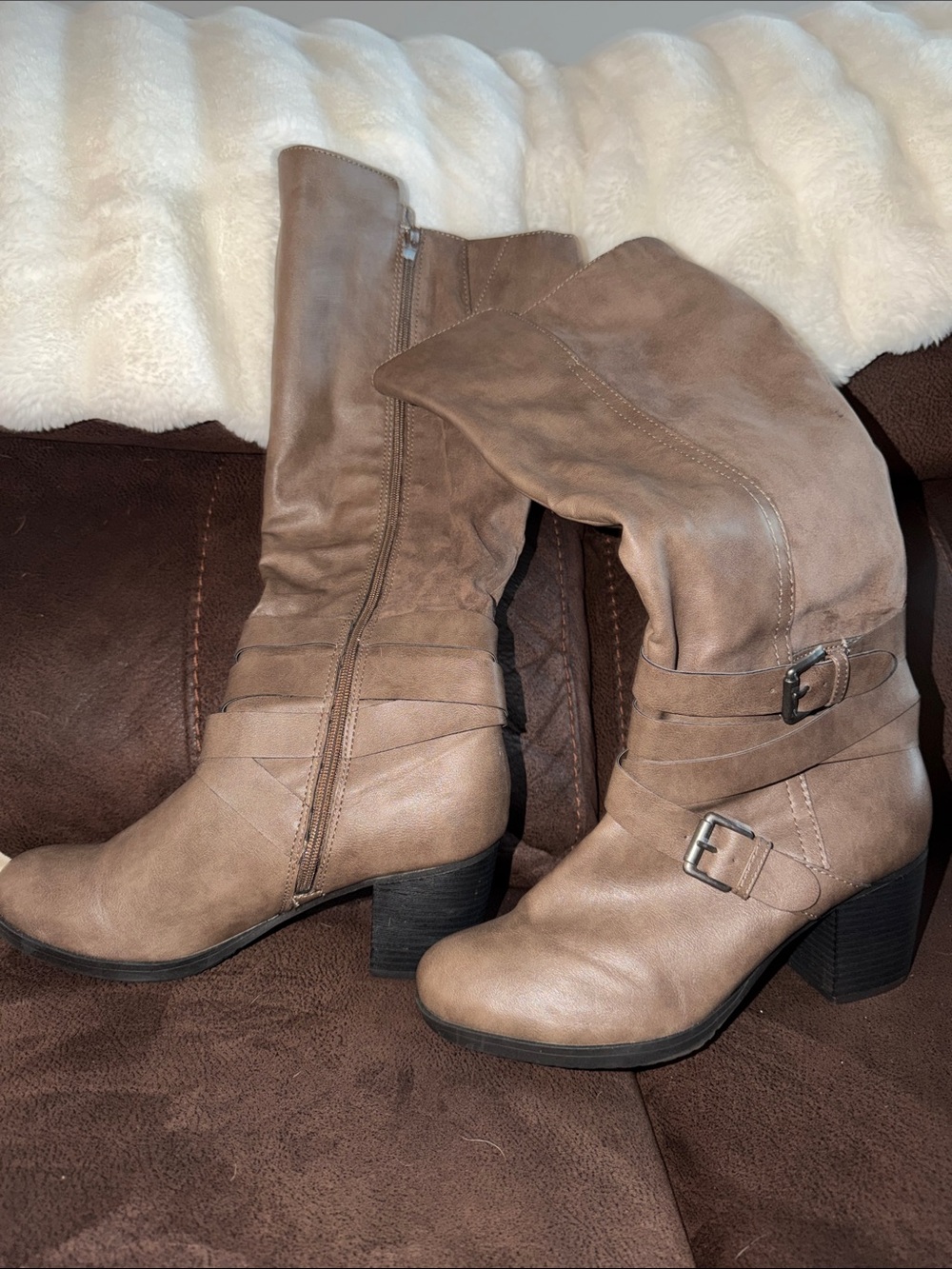 Style & Co. Taupe Mid-Calf Heeled Boots with Buckle Straps